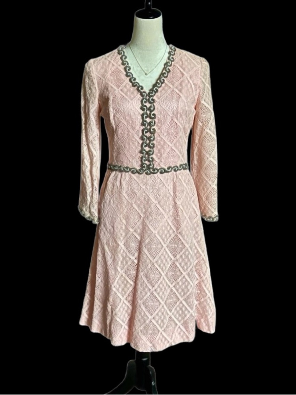 Clifton Wilhite ~ Small ~ 1950’s ~ Pink W/ Gray Beaded & White Pearl Lace Dress